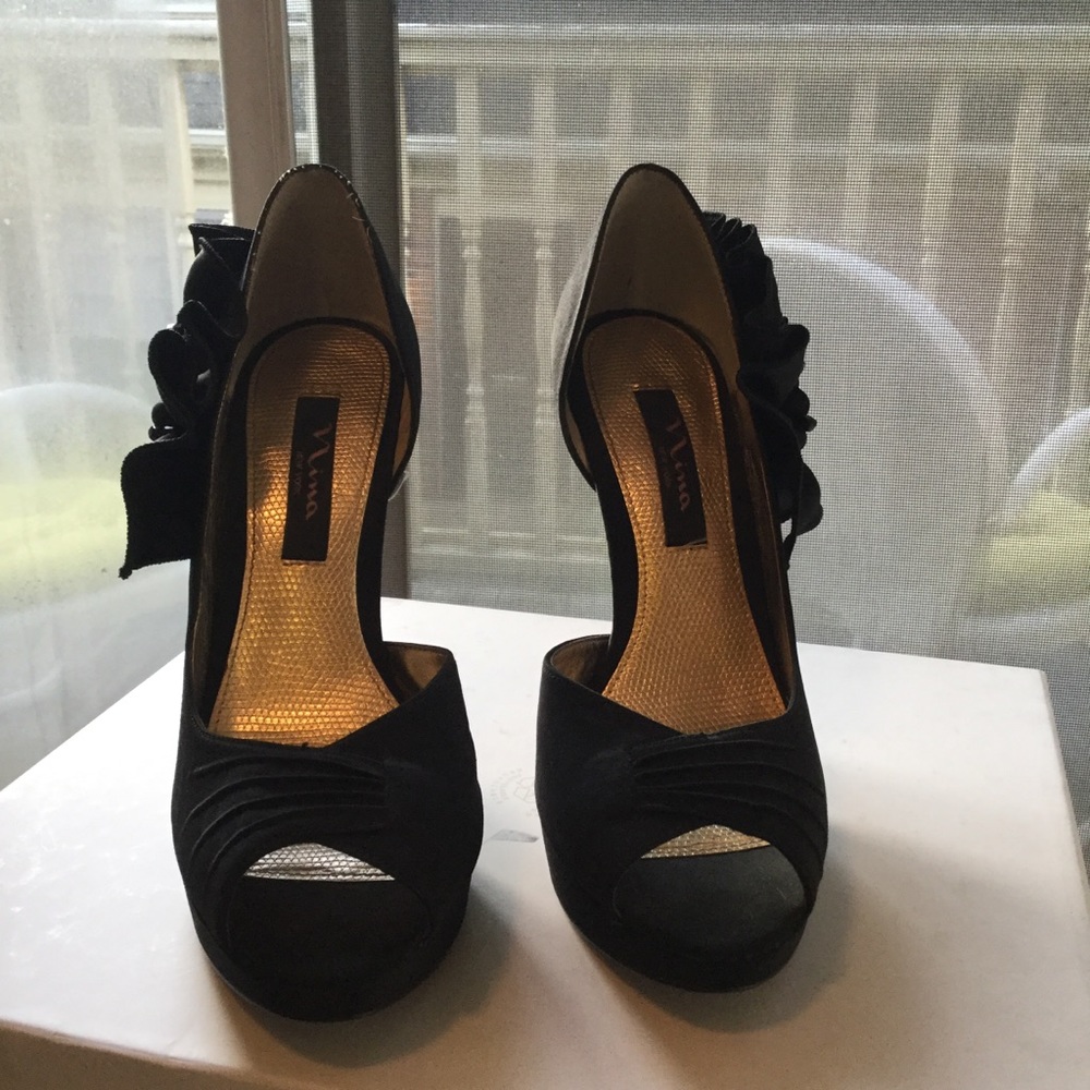 Nina Black satin flower gem pumps